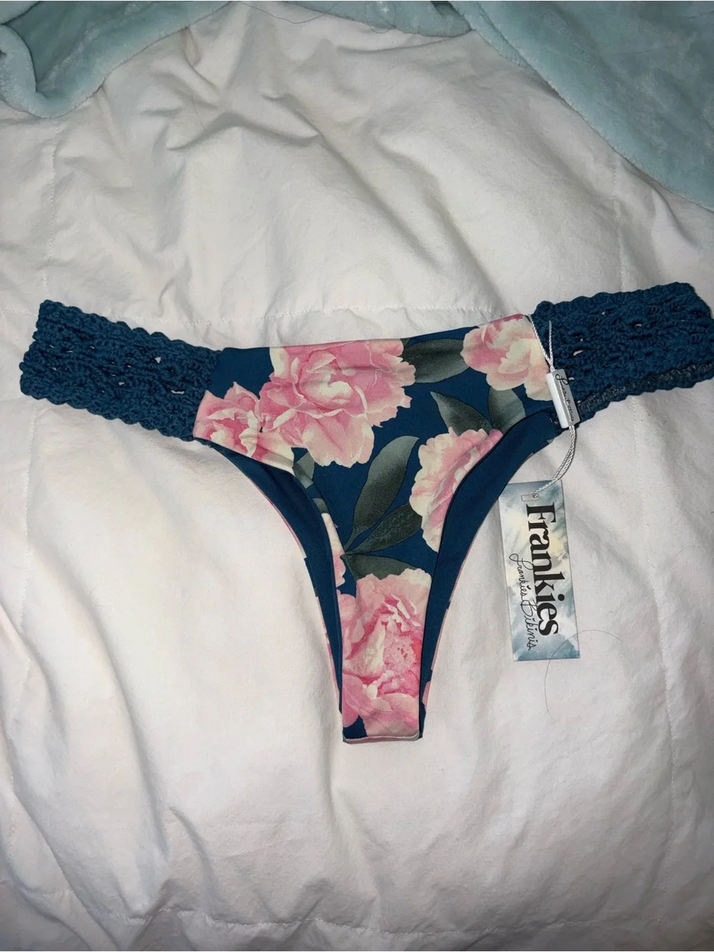 Frankie's Bikinis Navy Floral Crochet-Trim Bikini Bottom with Pink Roses